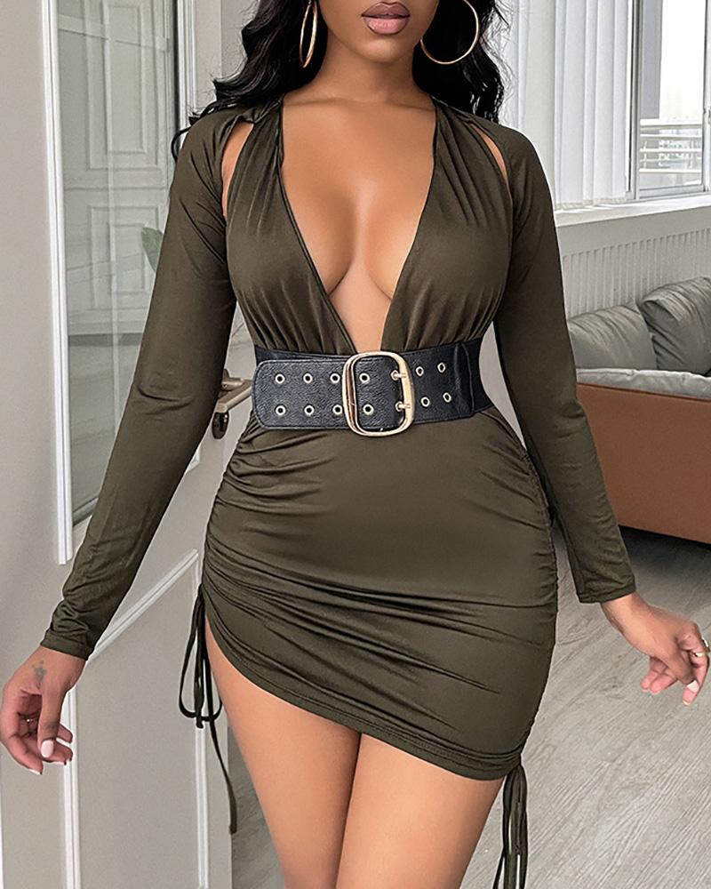 

Plain Deep V Neck Drawstring Ruched Open Back Bodycon Dress, Green