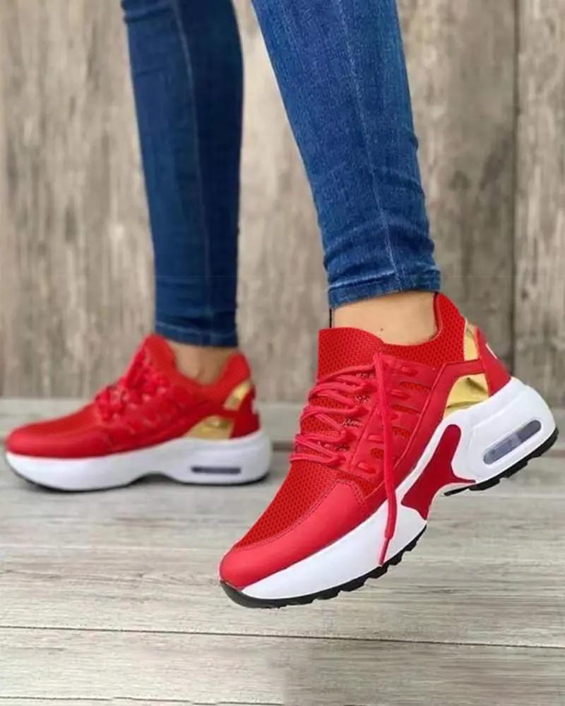 

Lace-up Contrast Paneled Casual Sneakers, Red