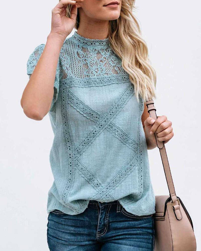 

Lace Hollow Out Short Sleeve T-shirt, Light blue