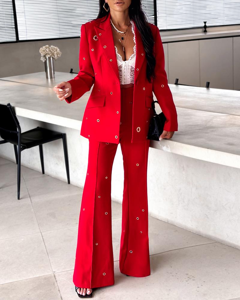 

Notched Collar Eyelet Blazer Coat & Flared Pants Set, Red