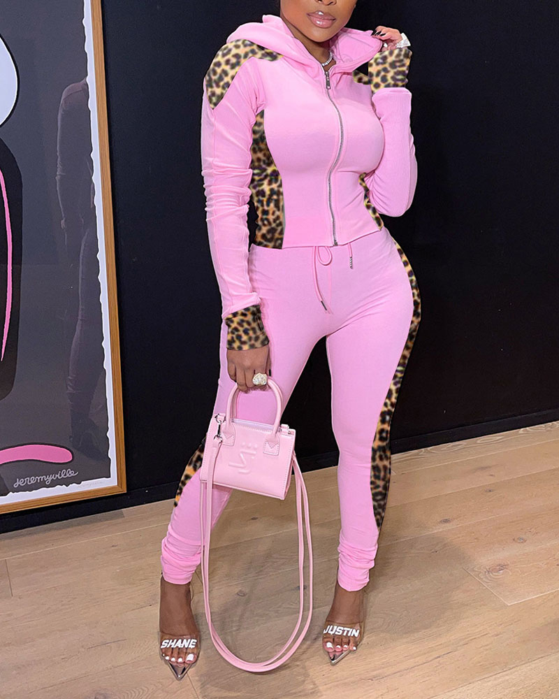 

Leopard Patch Zip Up Hooded Top & Drawstring Pants Set, Pink