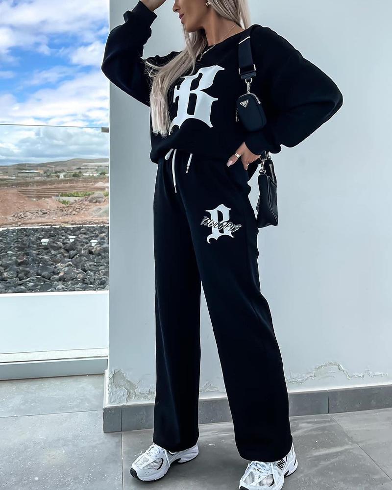 

Letter B Print Sweatshirt & Sweatpants Set, Black