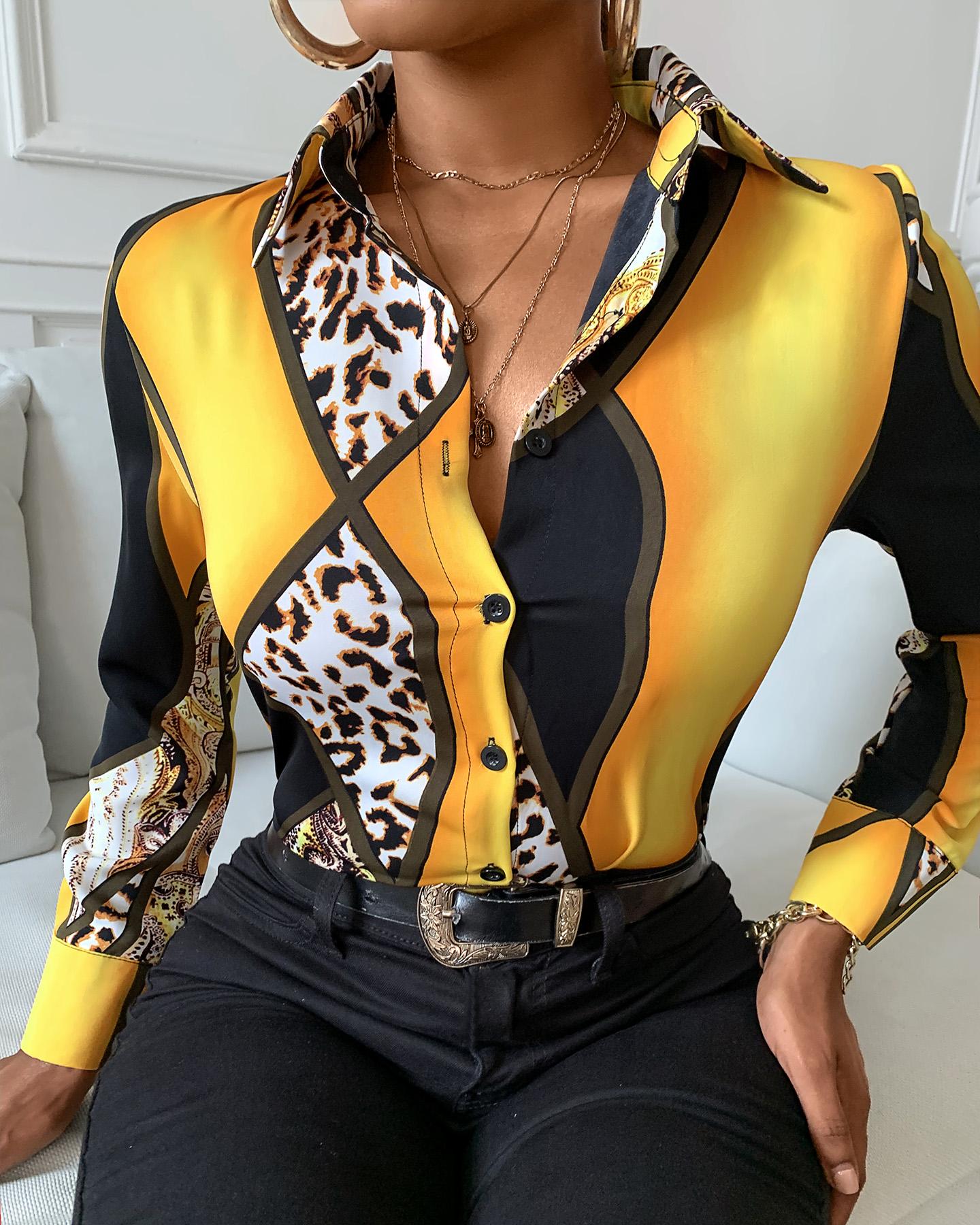 

Cheetah Print Colorblock Buttoned Long Sleeve Shirt, Yellow