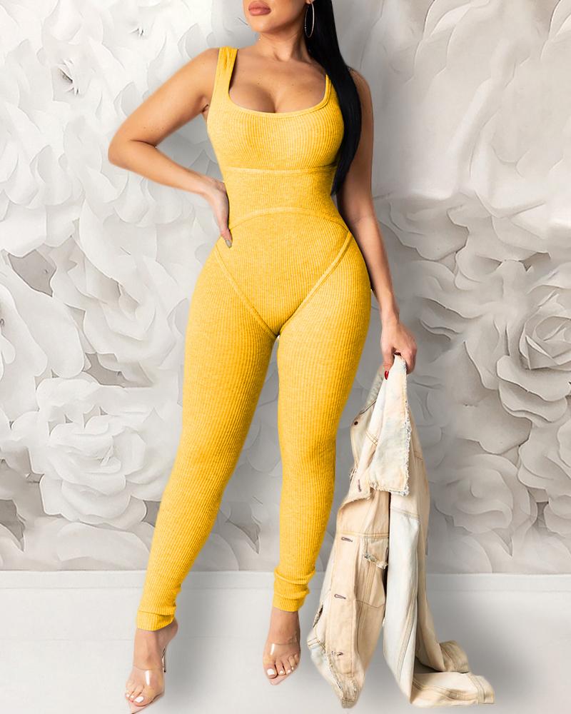 

Solid U-neck Thick Strap Jumpsuit, Orange