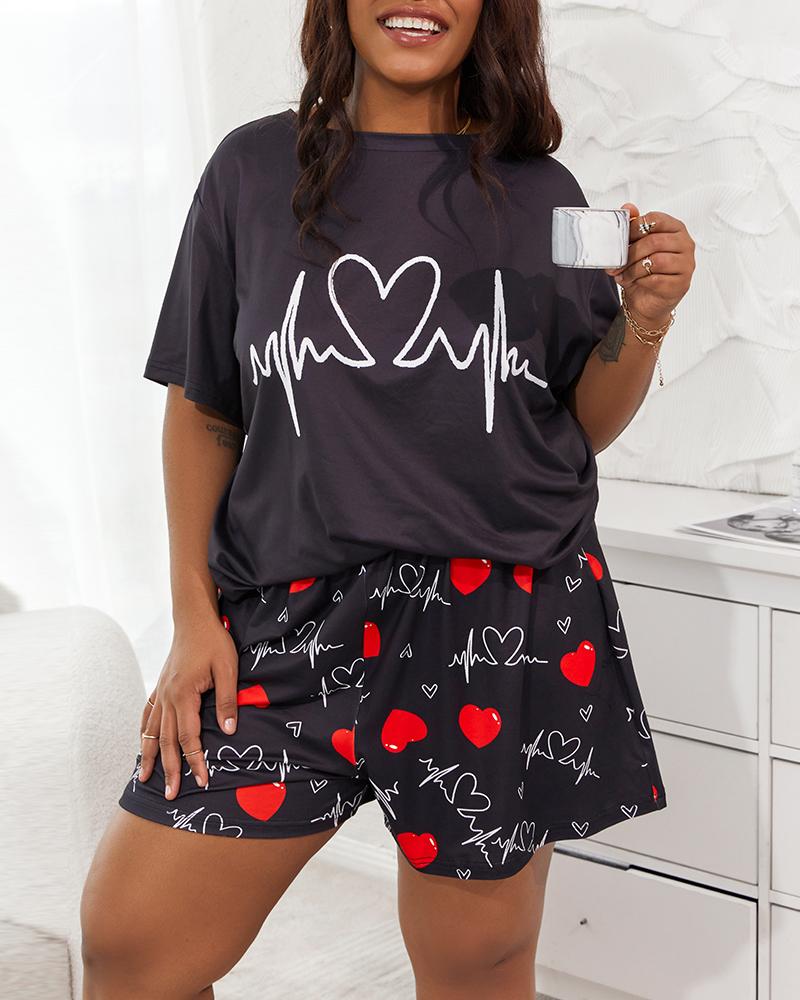 

Plus Size Heart Print Short Sleeve Pajamas Set, Black