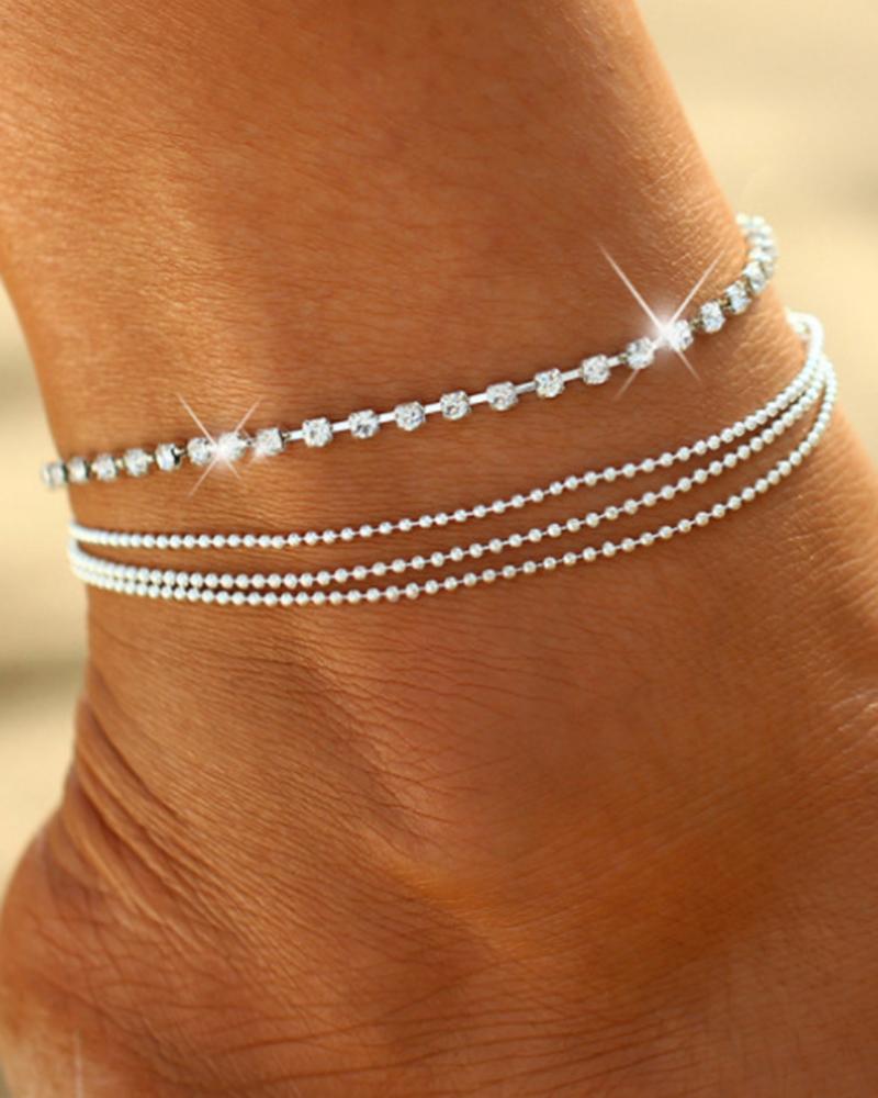 

2pcs Rhinestone Decor Multi-Layered Anklets Set, Silver