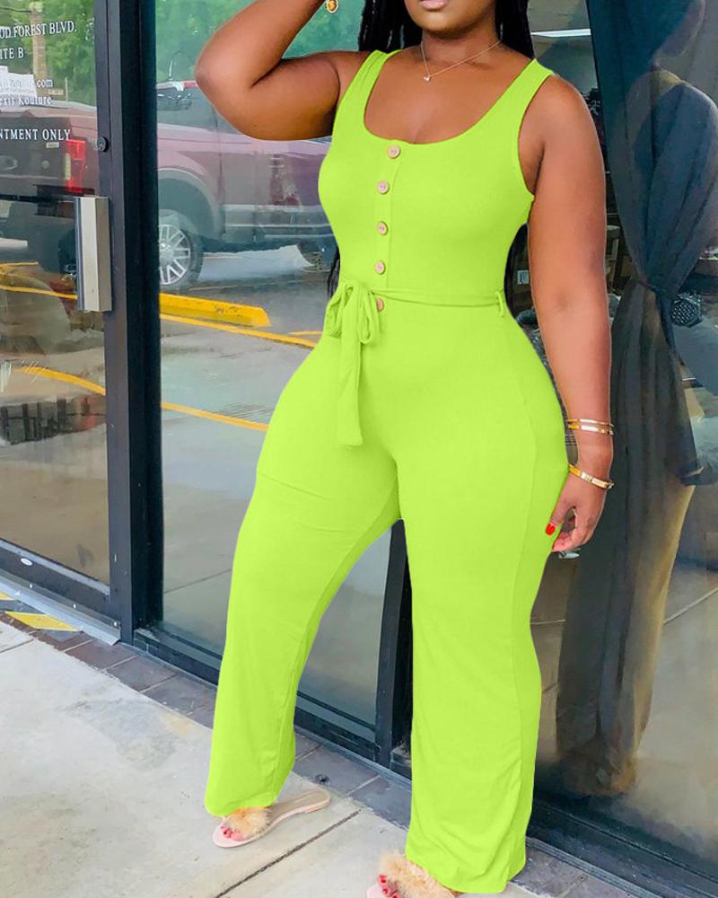 

Button Decor Sleeveless U-Neck Belted Jumpsuit, Green