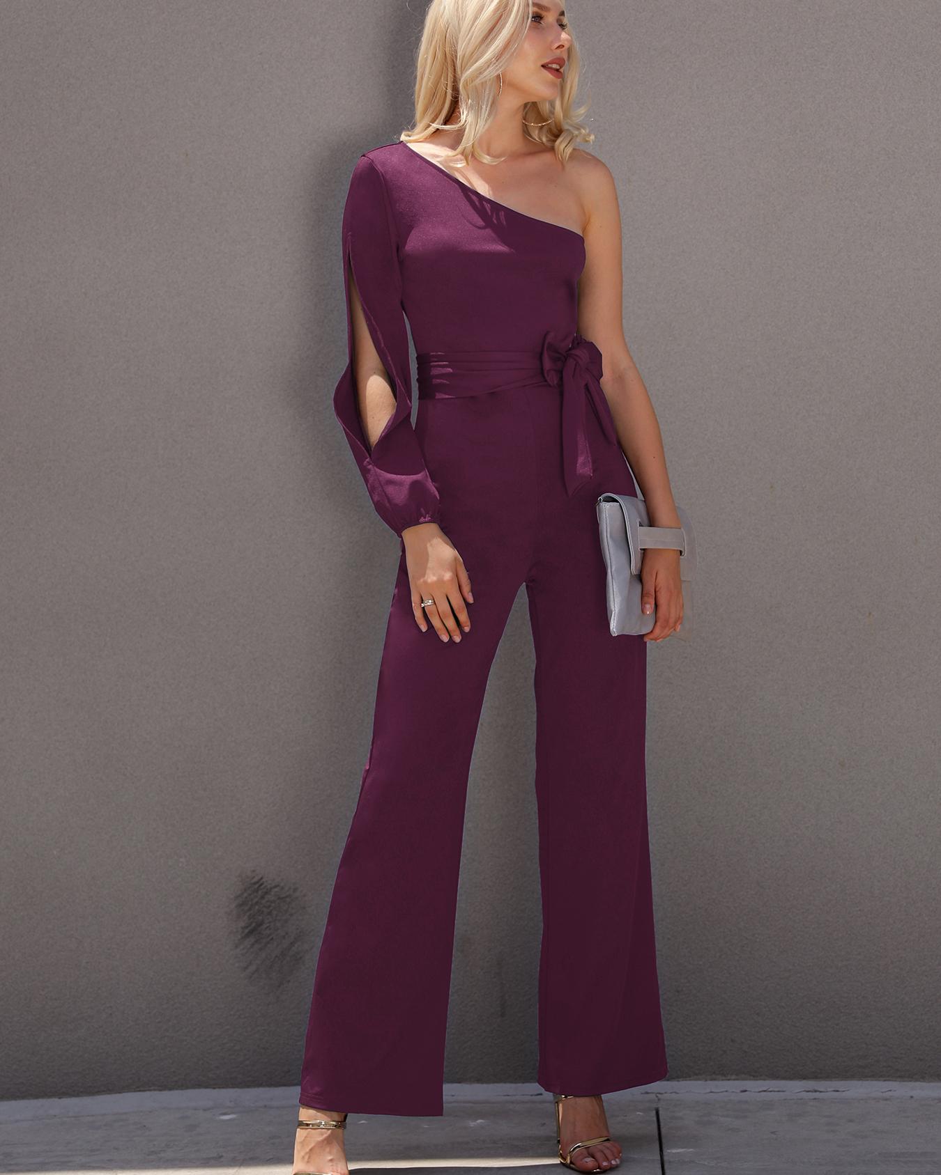 

Stylish One Shoulder Slit Sleeve Jumpsuit, Purple