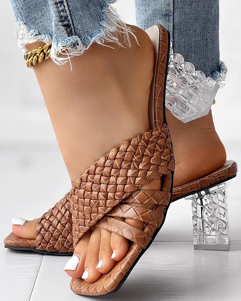 

Braided Cross Strap Clear Chunky Heeled Sandals, Coffee