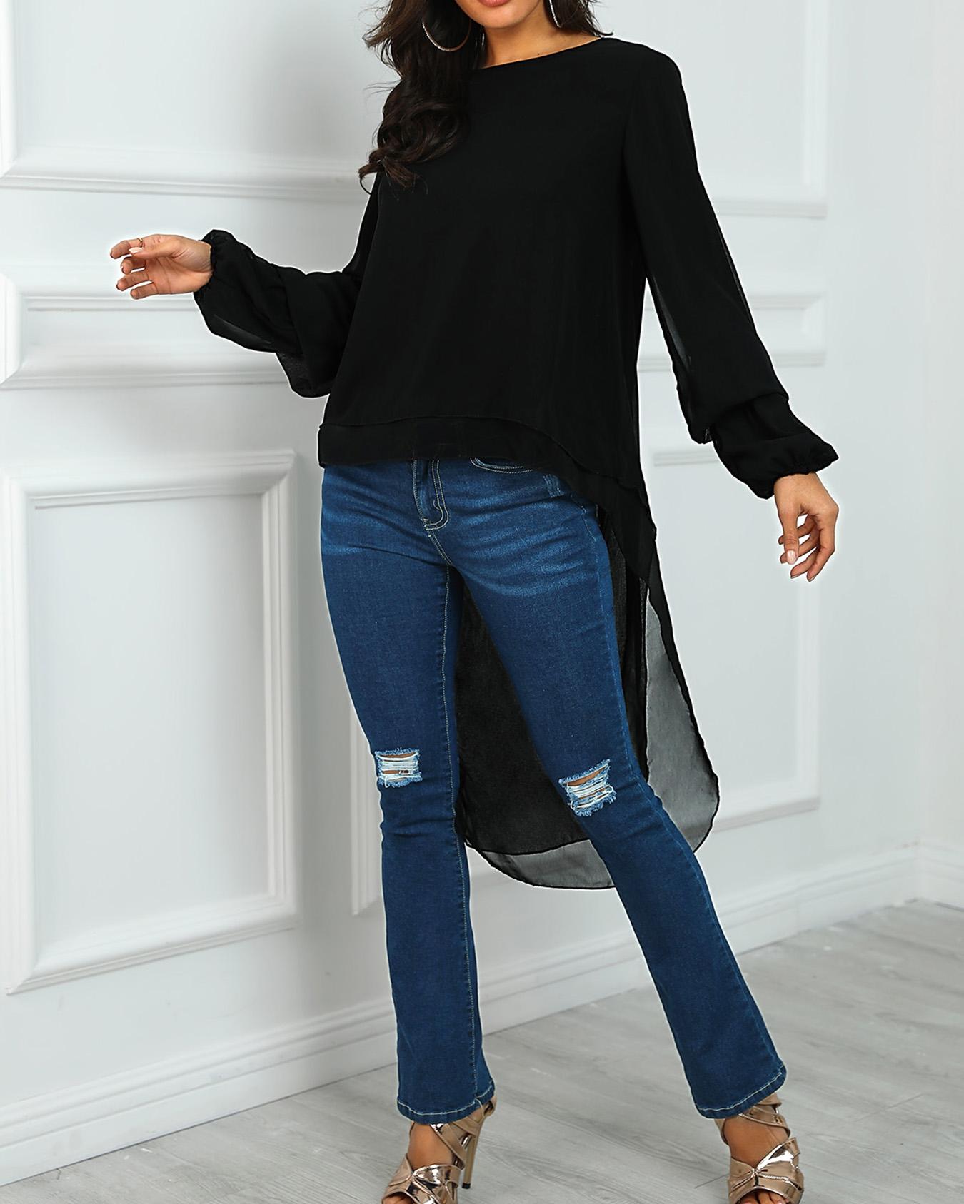 

Lantern Sleeve Dip Hem Top, Black