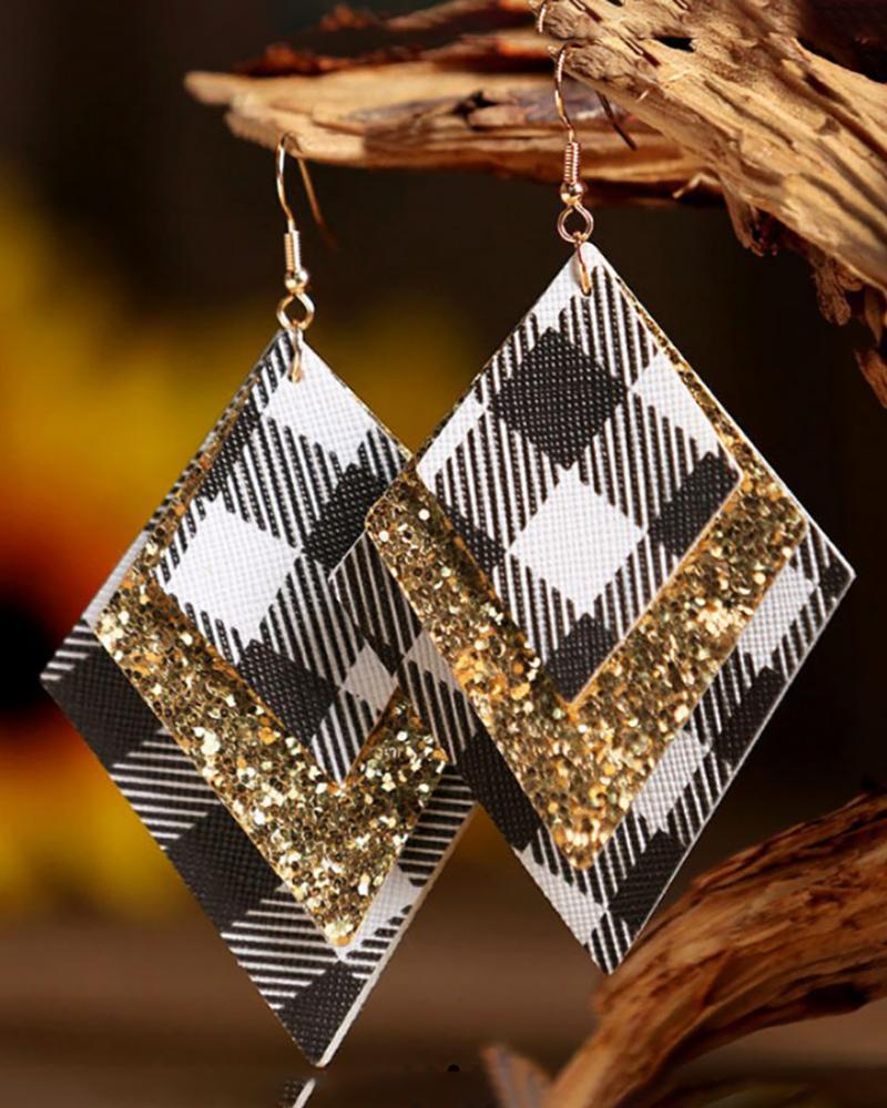 

Christmas Leaf Shaped Plaid Print PU Leather Sequins Drop Earrings, Style2
