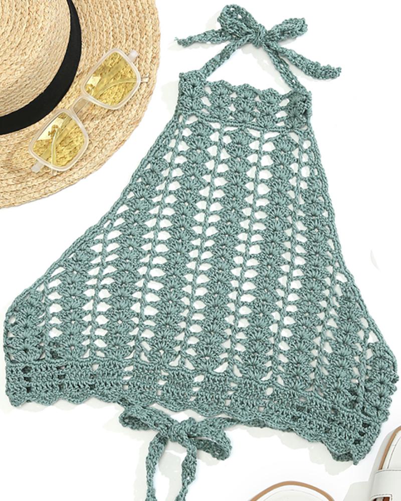 

Halter Knit Hollow-Out Crop Cover Up Top, Green