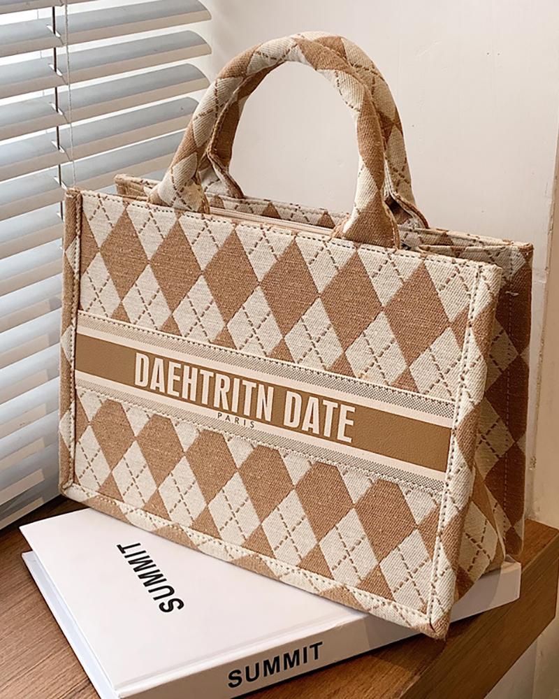 

Plaid Letter Print Canvas Tote Bag, Khaki