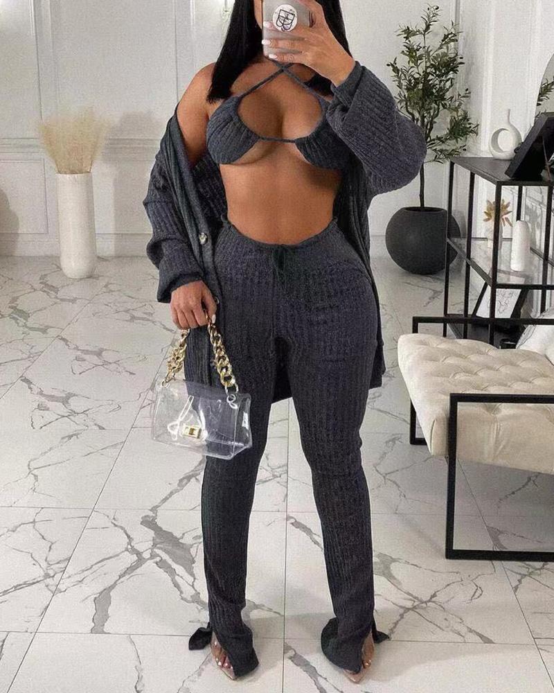 

Lantern Sleeve Buttoned Coat & Slit Pants Set With Bralette, Dark grey