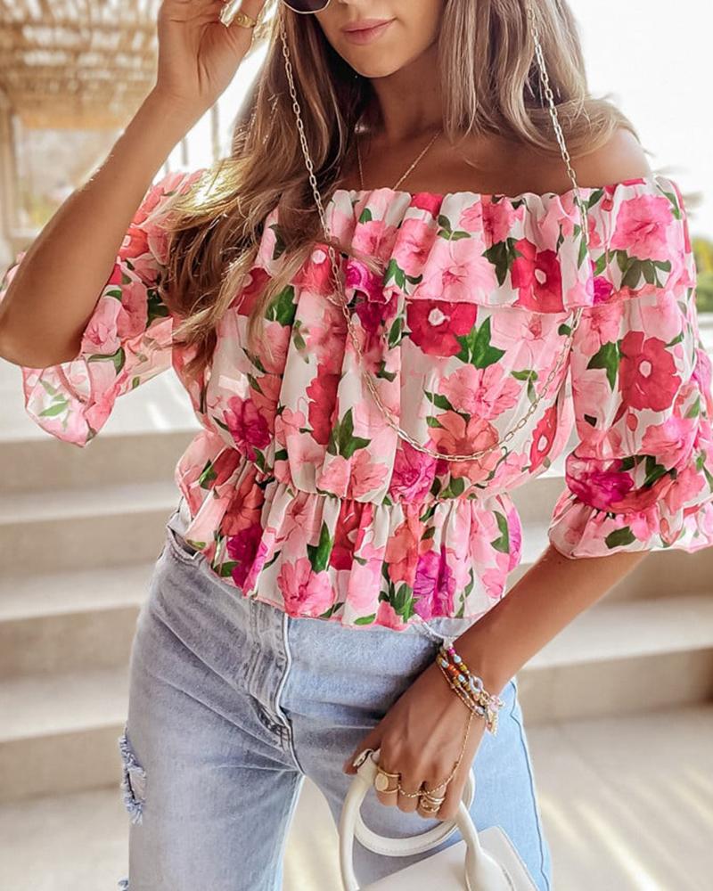 

Floral Print Off Shoulder Ruffles Top, Pink