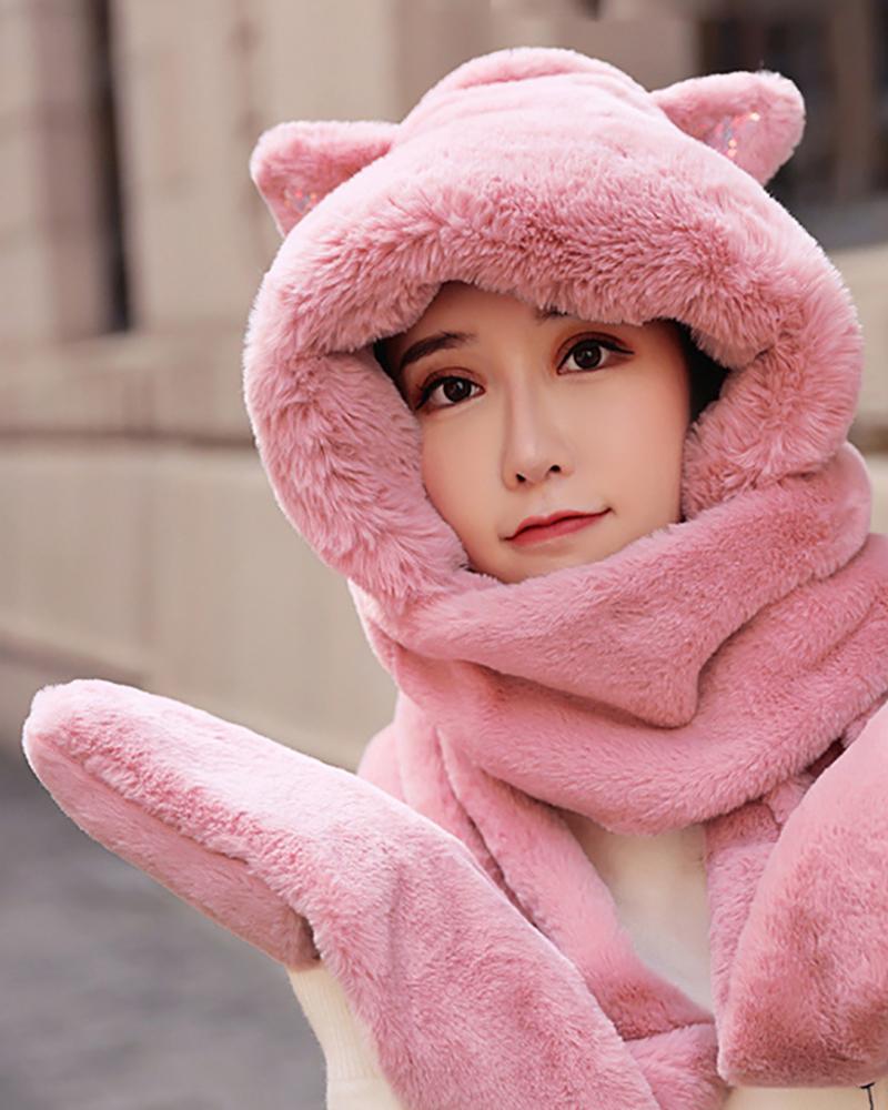 

3D Ear Fluffy 3 In 1 Hat With Scarf & Gloves, Pink