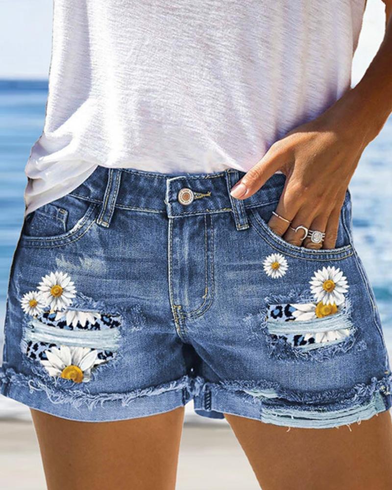 

Daisy Print Patchwork Ripped Denim Shorts, Blue