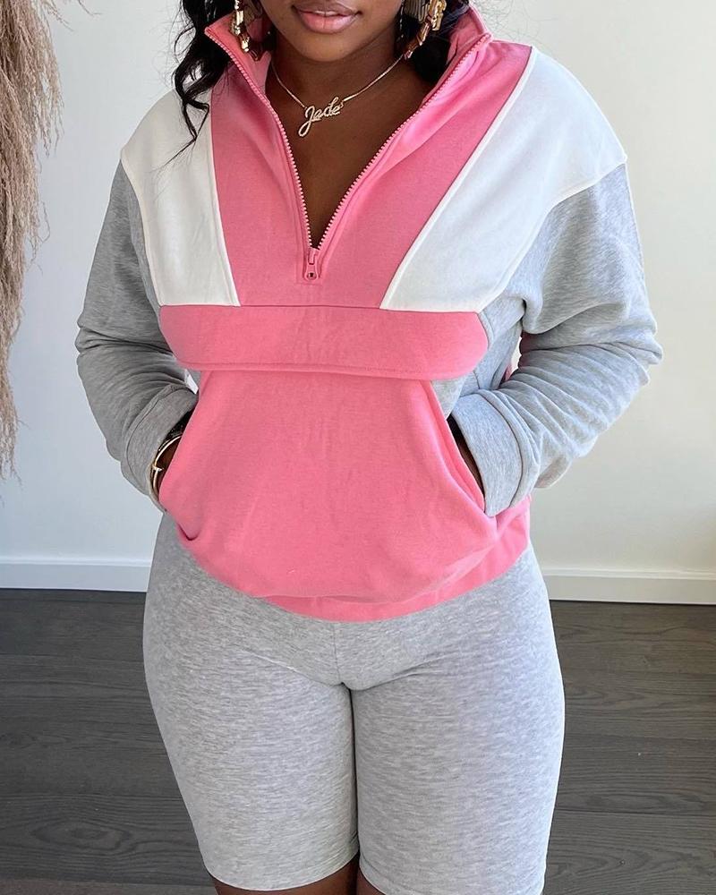 

Colorblock Pocket Design Sweatshirt & High Waist Shorts Set, Pink