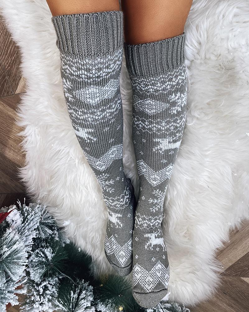 

1Pair Mixed Print Over The Knee Socks, Gray