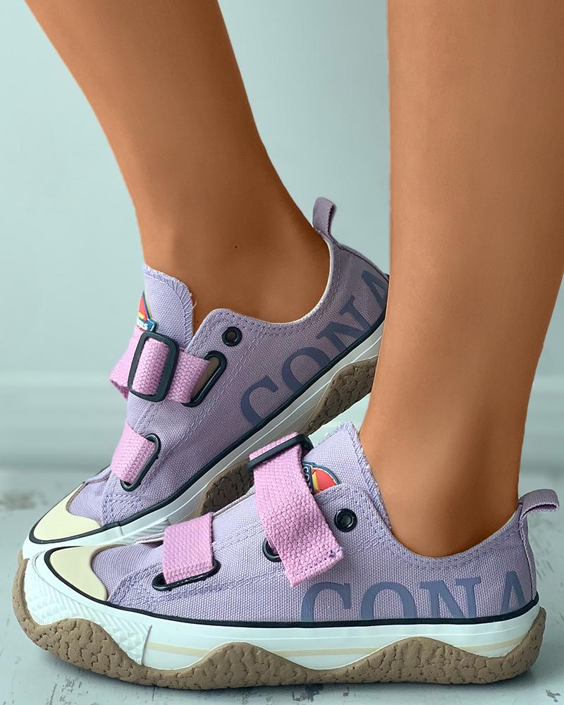 

Letter Print Eyelet Buckled Velcro Sneaker, Purple