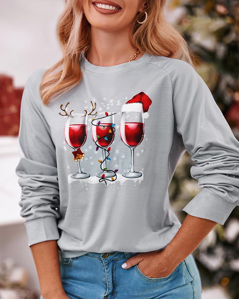 

Plus Size Christmas Hat Wine Glass Print Long Sleeve Top, Gray