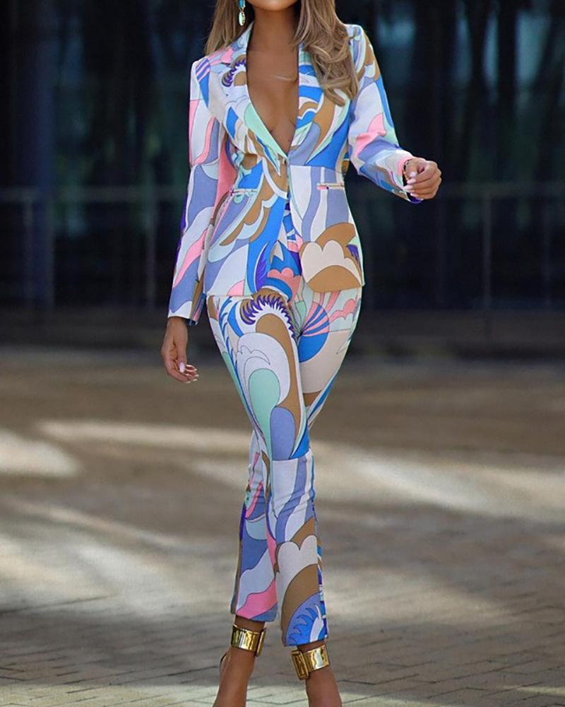 

Tropical Print / Colorblock Buttoned Blazer Coat & Pants Set, Blue