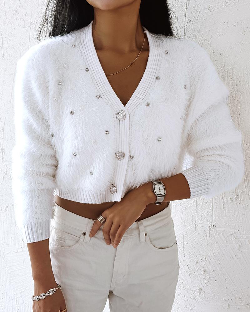 

Fuzzy Heart Button Studded Crop Cardigan, White