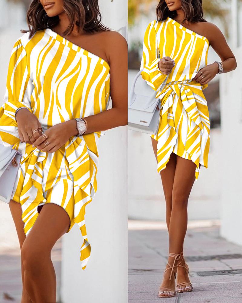 

Zebra Stripe Print One Shoulder Tied Detail Casual Dress, Yellow