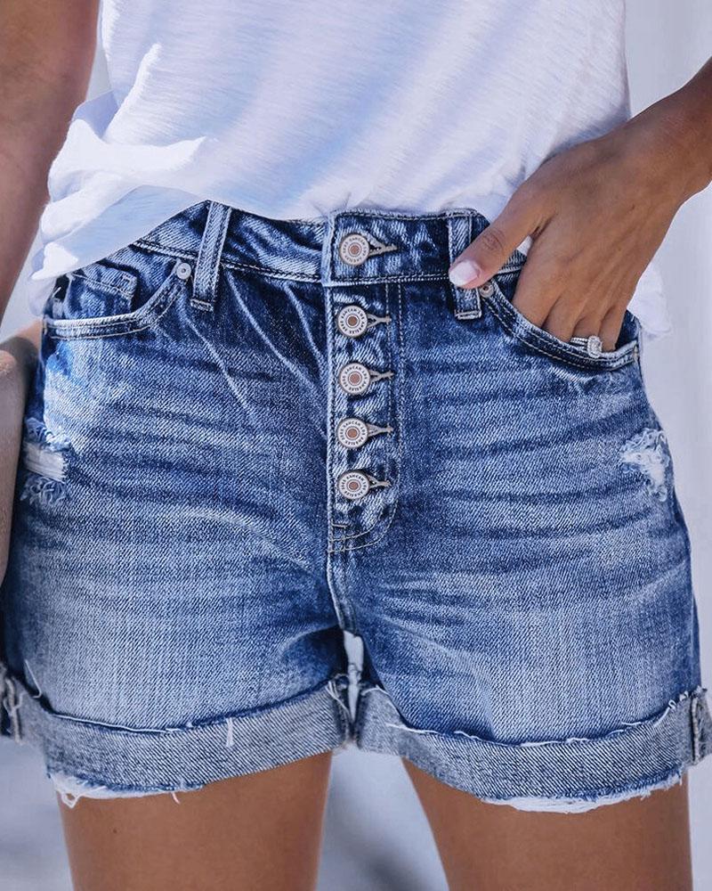 

Button Fly Roll Hem Ripped Denim Shorts, Dark blue