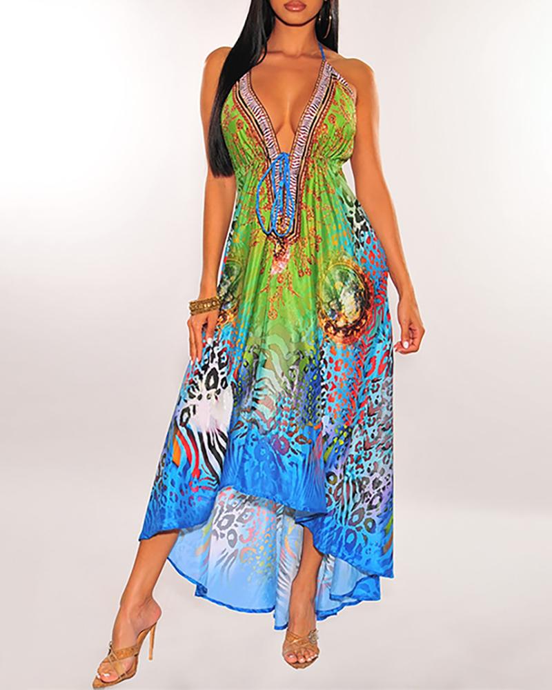 

Cheetah Print Colorblock Halter Backless Maxi Dress, Blue