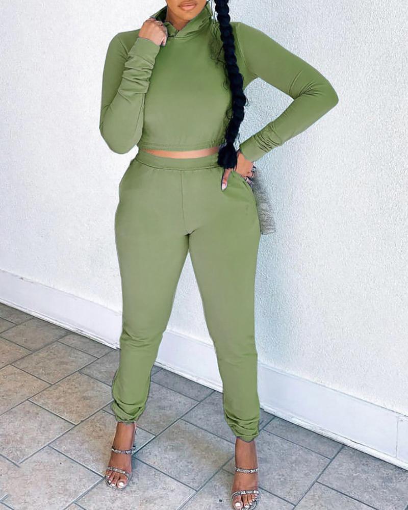 

Long Sleeve Hooded Crop Top & Pocket Design Pants Set, Green