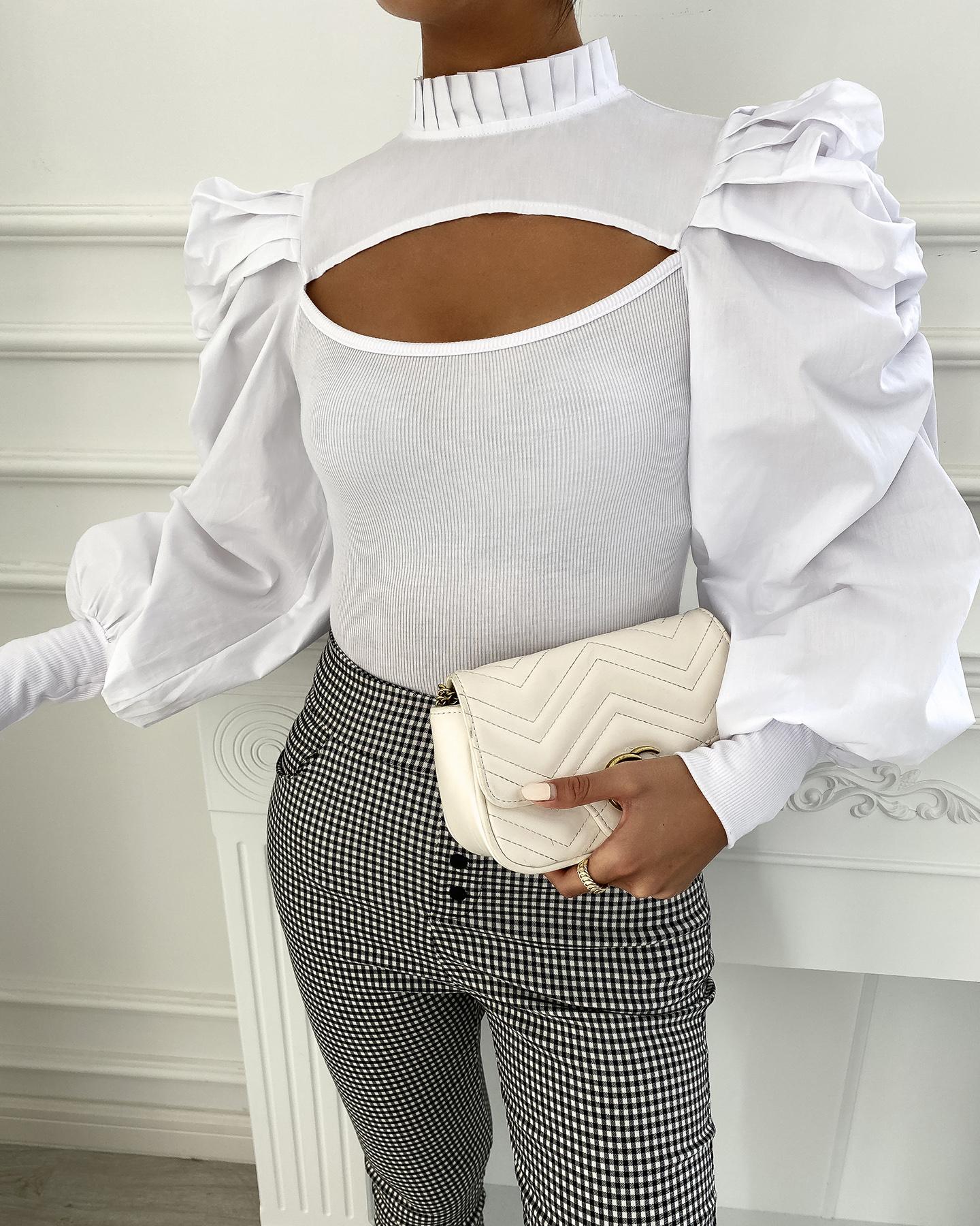 

Plain Puff Sleeve Cutout Top, White