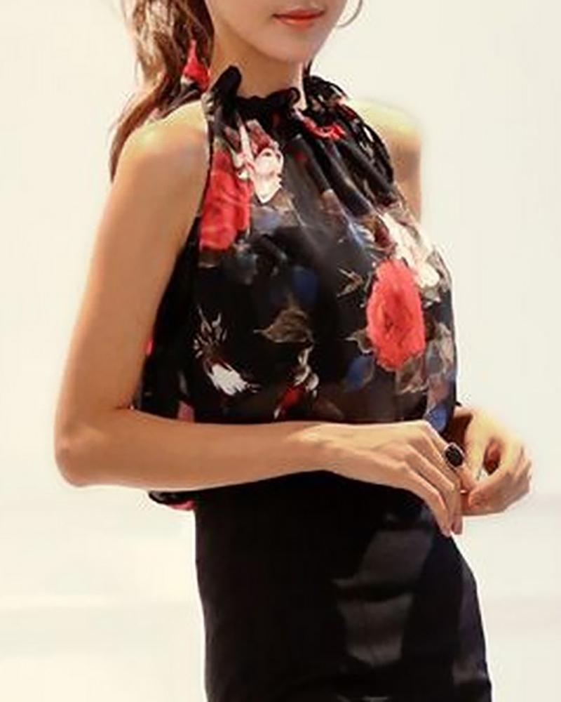 

Halter Floral Print Sleeveless Top, Black