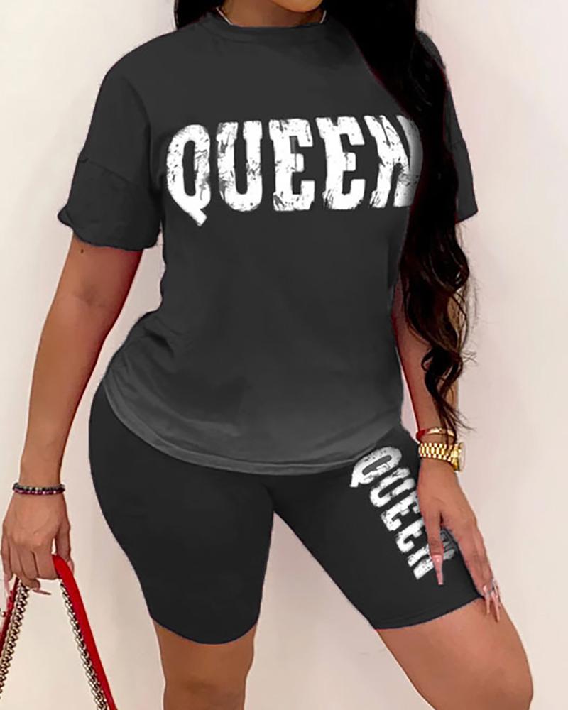 

Ombre Colorblock Letter Print Top & Shorts Set, Black