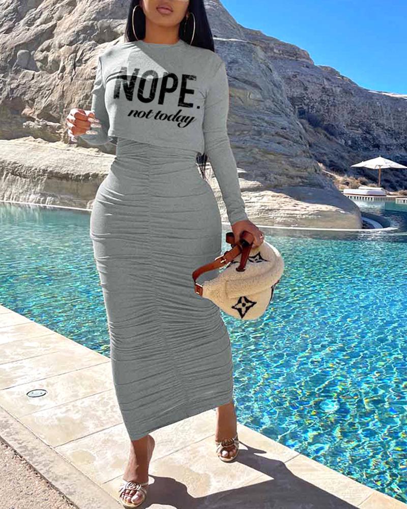 

Letter Print Long Sleeve Top & Maxi Ruched Dress Set, Gray