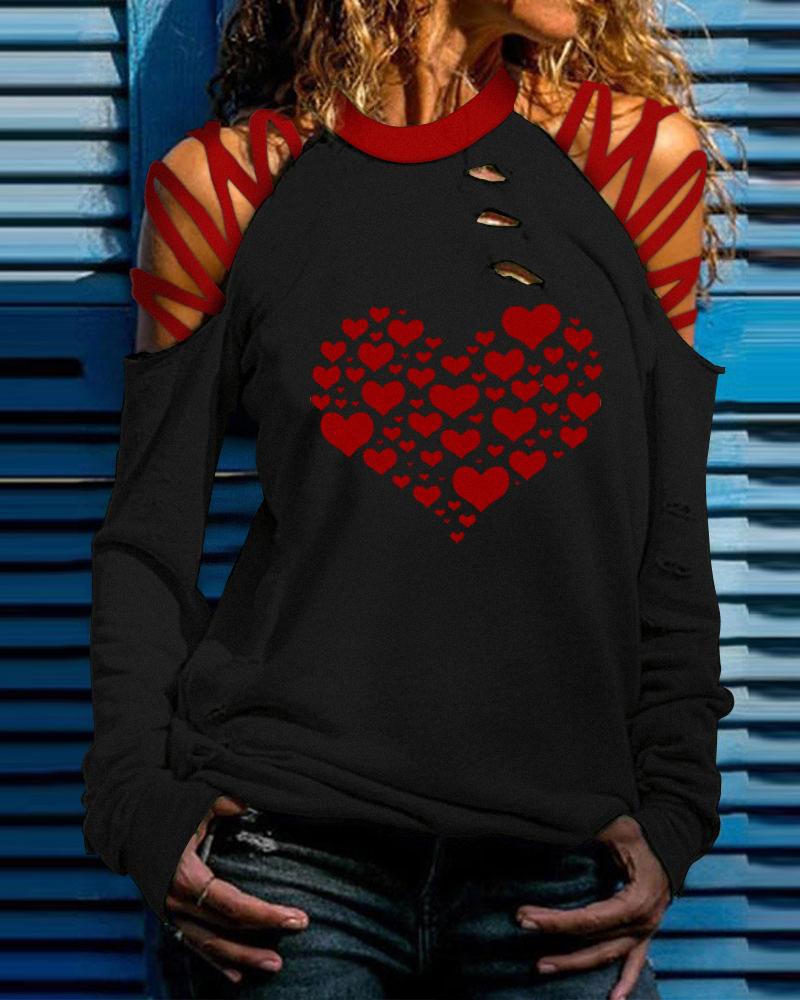 

Valentine' Day Heart Print Cold Shoulder Top, Black
