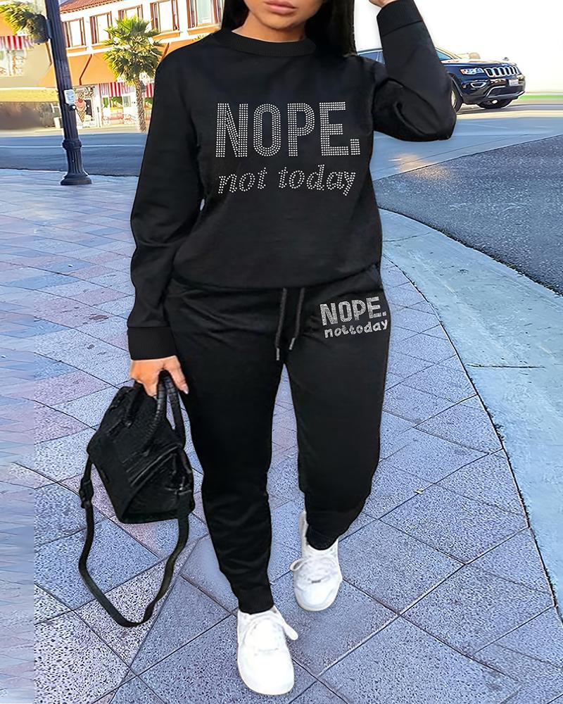 

Plus Size Rhinestone Nope Not Today Pattern Sweatshirt & Drawstring Sweatpants Set, Black