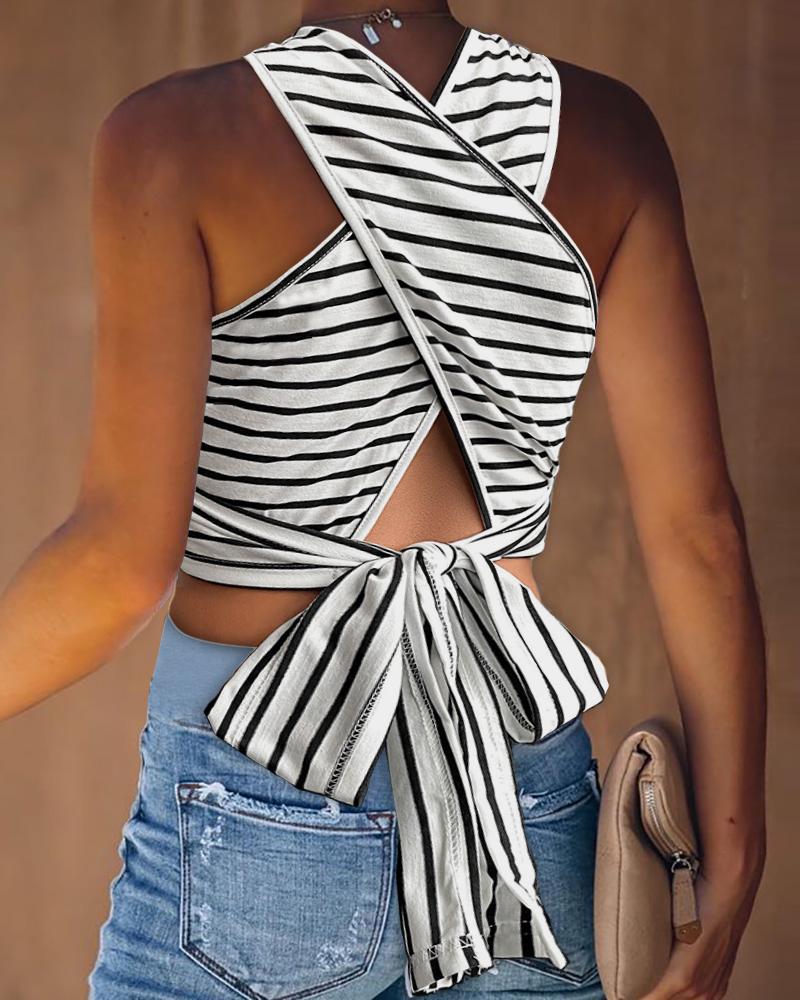 

Striped Print Crisscross Back Tank Top, White