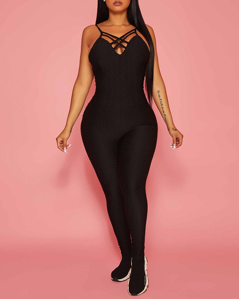 

Bubble Textured Backless Plain Skinny Jumpsuit, Black