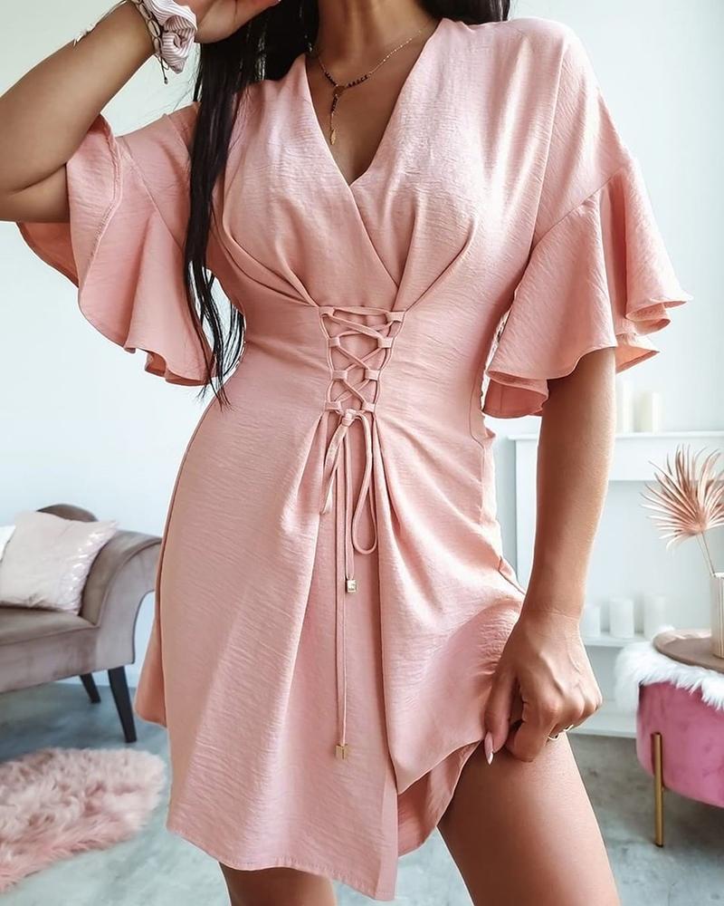 

Ruffle Sleeve Lace-up V-Neck Dress, Light pink