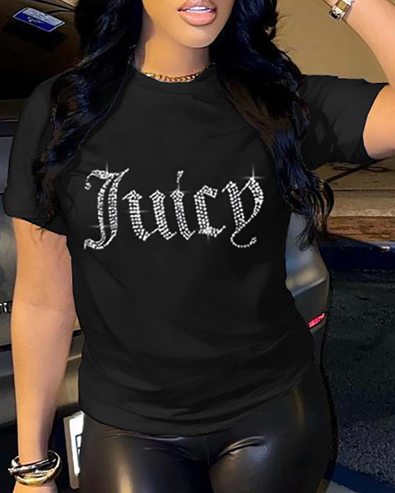 

O-Neck Rhinestone Letter Pattern T-shirt, Black