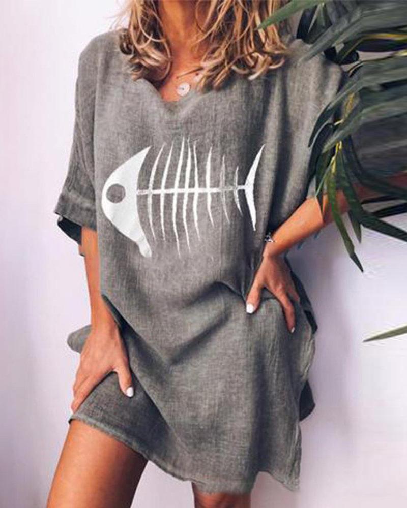 

Fishbone printed round neck loose casual T-shirt, Dark grey