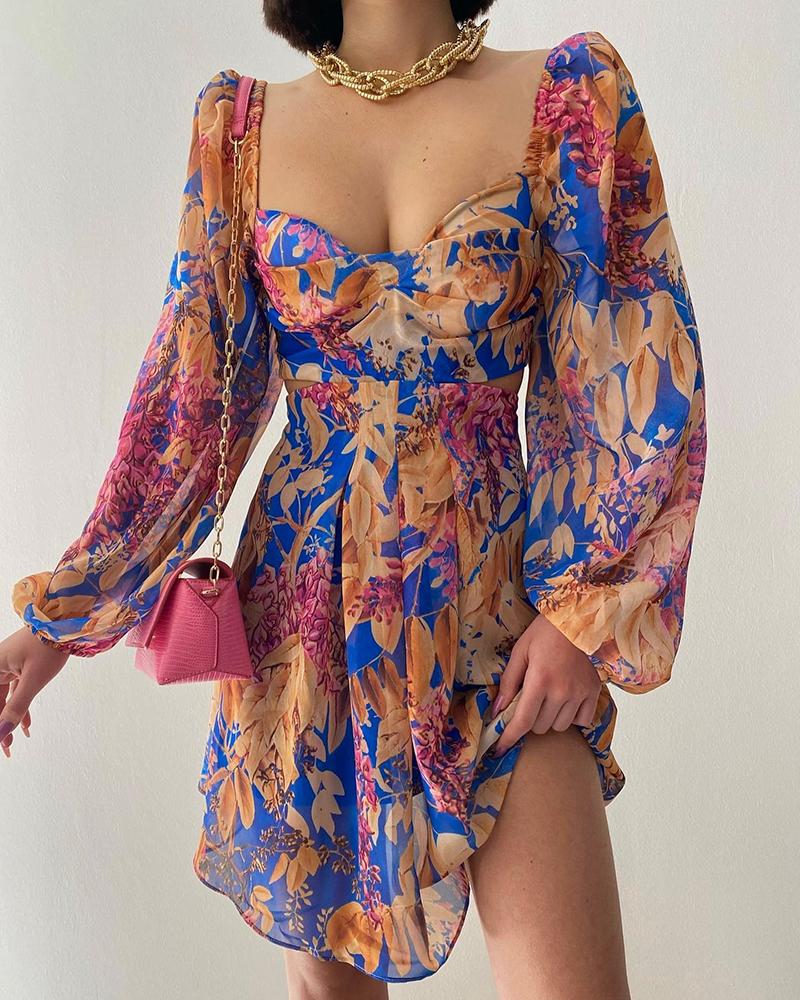 

Puff Lantern Sleeve Floral Print Backless Cutout Dress, Multicolor