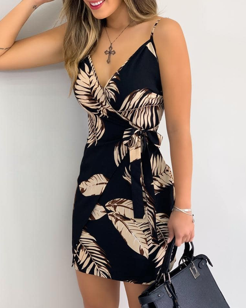 

V Neck Leaf Print Mini Dress, Black