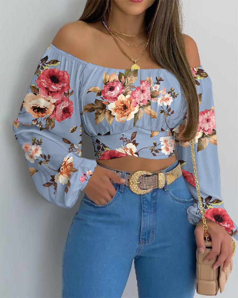 

Floral Print Off Shoulder Ruched Lantern Sleeve Crop Top, Multicolor