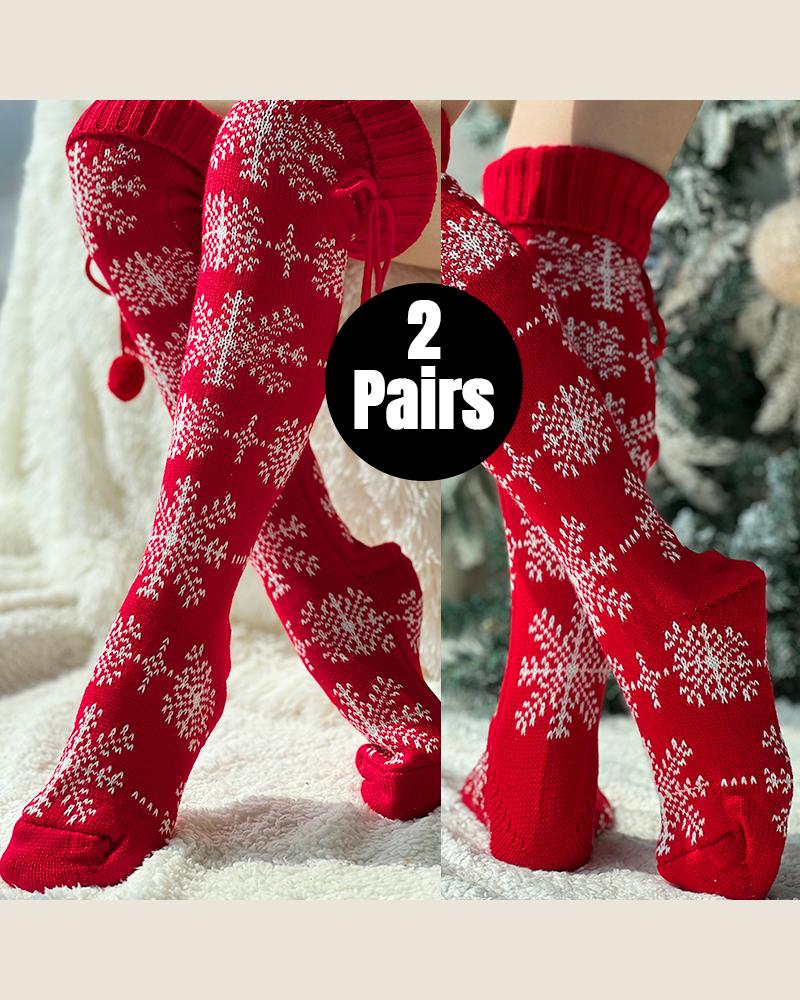 

2 pares de calcetines navideños tejidos por encima de la rodilla con bolas de peluche y calcetines largos para botas, Style1