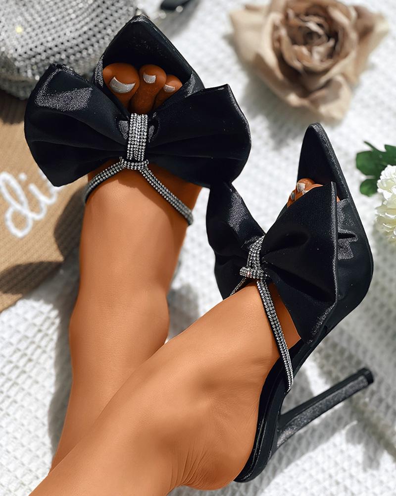 

Rhinestone Bowknot Design Point Toe Heeled Sandals, Black