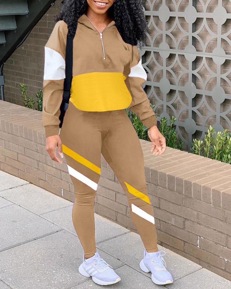 

Colorblock Zipper Detail Casual Top & Pants Set, Khaki