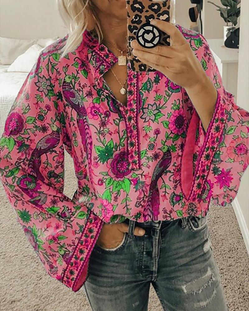 

Floral Bird Print Bell Sleeve Button Front Top, Hot pink