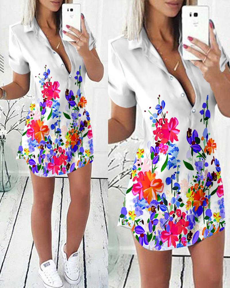

Floral Print Button Front Shirt Dress, White